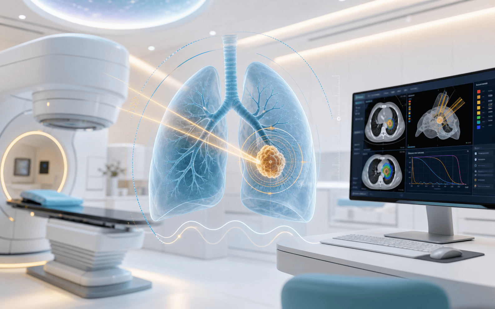 AI generated lung cancer SBRT and radiotherapy planning illustration